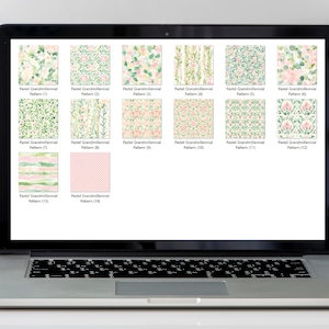 May include: A laptop screen displaying 14 different pastel floral patterns. The patterns are labeled "Pastel Grandmillennial Pattern" with a number from 1 to 14.