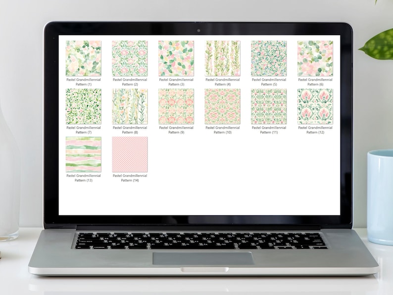 May include: A laptop screen displaying 14 different pastel floral patterns. The patterns are labeled "Pastel Grandmillennial Pattern" with a number from 1 to 14.