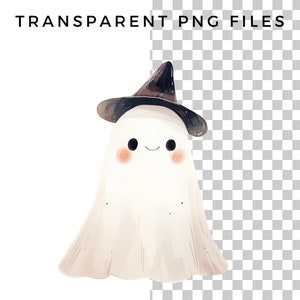 May include: A white ghost with a friendly face wearing a black witch hat. The ghost has a light pink blush on its cheeks.