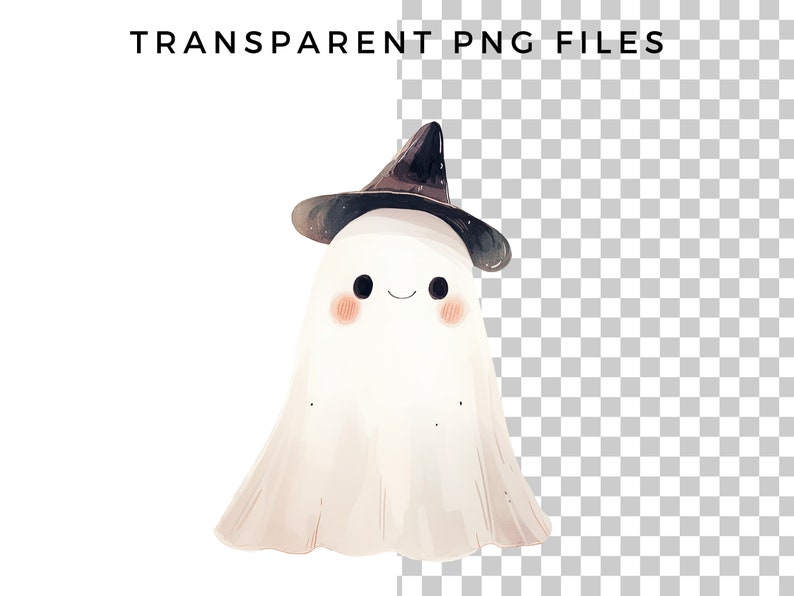 May include: A white ghost with a friendly face wearing a black witch hat. The ghost has a light pink blush on its cheeks.