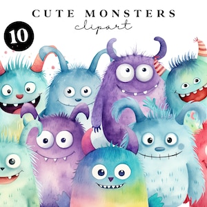 Süße Monster Clipart für Kinder - Aquarell Monster Geburtstagsparty Clip Art - Sofortiger Download PNG und JPEG - Kommerzielle Nutzung