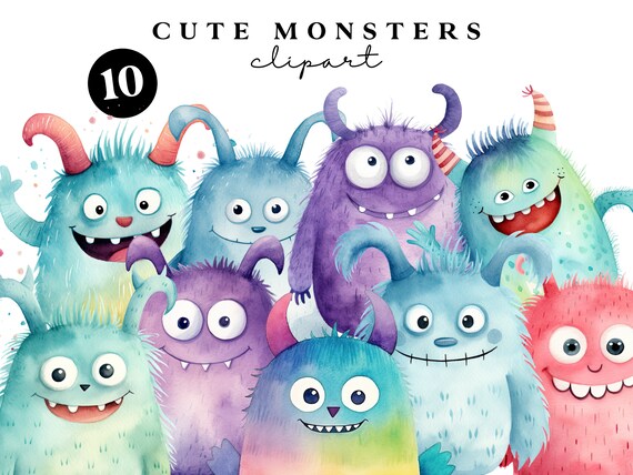 Cute Monsters Clipart for Kids - Watercolour Monsters Birthday Party Clip Art - Instant Download PNG & JPEG - Commercial Use