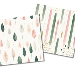 Op de afbeelding: Twee digitale papierontwerpen met een witte achtergrond met groene en roze waterverfpatronen. Een ontwerp heeft een herhalend patroon van bladeren met gouden accenten. Het andere ontwerp heeft verticale strepen van groene en roze waterverf met gouden accenten.