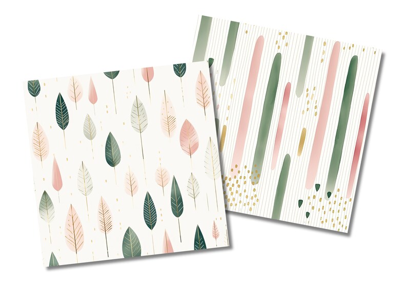 Op de afbeelding: Twee digitale papierontwerpen met een witte achtergrond met groene en roze waterverfpatronen. Een ontwerp heeft een herhalend patroon van bladeren met gouden accenten. Het andere ontwerp heeft verticale strepen van groene en roze waterverf met gouden accenten.