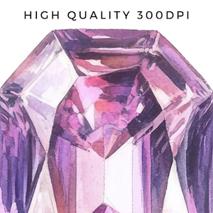 May include: A watercolor painting of a purple gemstone with a faceted cut. The gemstone is rendered in shades of purple, pink, and white.