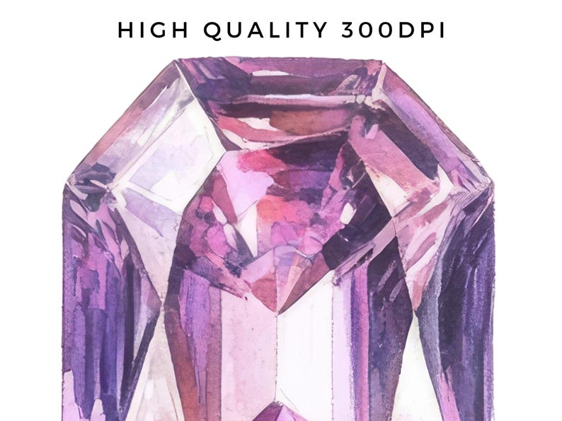 May include: A watercolor painting of a purple gemstone with a faceted cut. The gemstone is rendered in shades of purple, pink, and white.