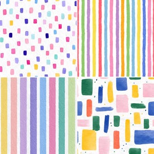 May include: A watercolor design featuring four distinct patterns. The top left shows scattered rectangles in pink, blue, yellow, and purple on a white background. The top right has vertical stripes in rainbow colors. The bottom two sections have striped and abstract designs.