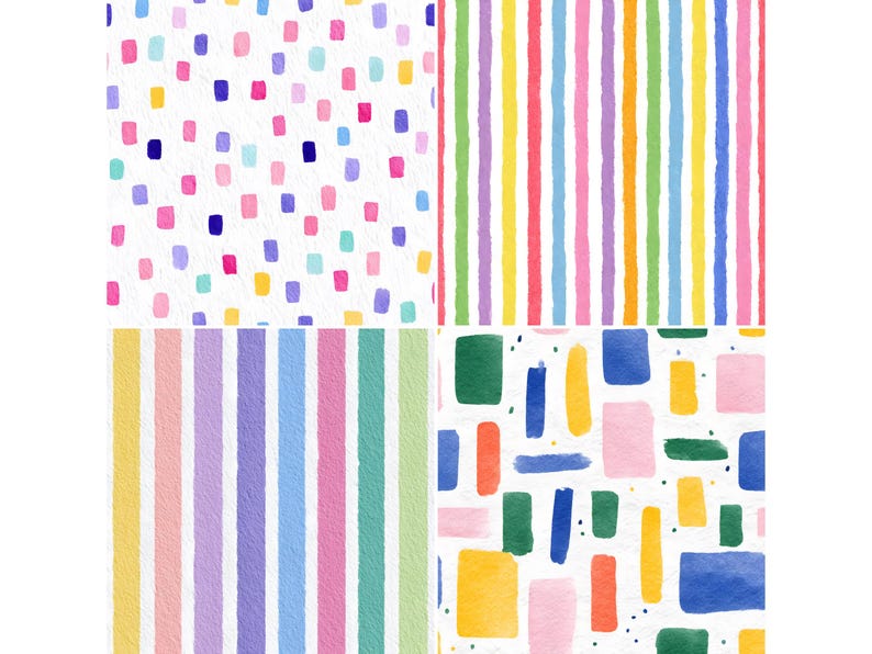 May include: A watercolor design featuring four distinct patterns. The top left shows scattered rectangles in pink, blue, yellow, and purple on a white background. The top right has vertical stripes in rainbow colors. The bottom two sections have striped and abstract designs.