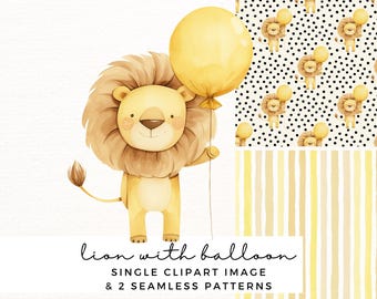 Cute Lion with a Balloon Clip Art & Seamless Patterns for Nursery Wall Art, Kids Party Invites, Sublimation - Commercial Use Transparent PNG