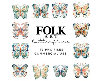 Watercolour Folk Art Butterflies Clipart - Rosemaling Butterfly Clip Art Illustrations - Commercial Use - Transparent 300DPI PNG