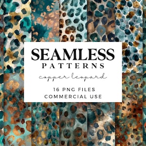 Könnte beinhalten: Eine Sammlung von sechzehn nahtlosen Mustern mit einem Kupfer-Leoparden-Design. Die Muster weisen einen Aquarelleffekt mit Türkis-, Kupfer- und Brauntönen auf. Der Text auf dem Bild lautet "Seamless Patterns Copper Leopard 16 PNG Files Commercial Use."