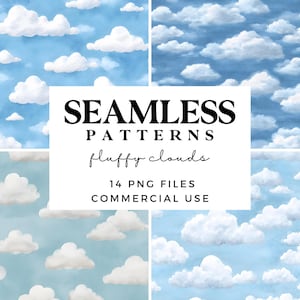 Puede incluir: Cuatro patrones sin costuras con nubes blancas y esponjosas sobre un cielo azul claro. La imagen incluye el texto "SEAMLESS PATTERNS fluffy clouds 14 PNG FILES COMMERCIAL USE".