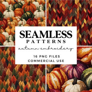 Könnte beinhalten: Eine Sammlung nahtloser Muster zum Thema Herbst. Das Bild zeigt verschiedene Designs, darunter Kürbisse, Herbstblätter und Chevron-Muster in warmen Farben wie Orange, Rot und Grün. Der Text auf dem Bild lautet "SEAMLESS PATTERNS autumn embroidery".