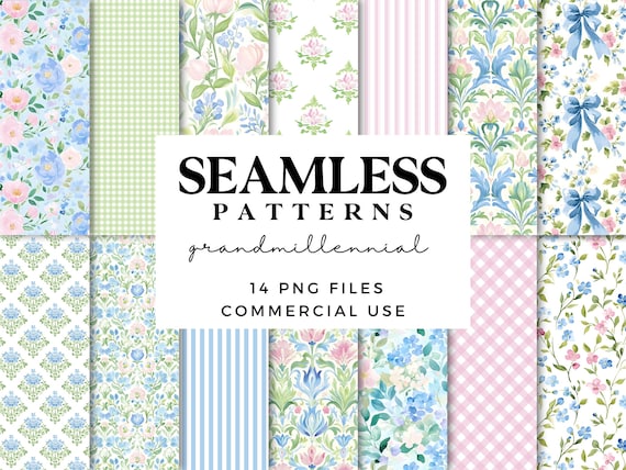 Grand Millennial Seamless Patterns - Pastel Floral Patterns - Vintage Chic Digital Scrapbook Paper for Crafts - Repeating Patterns