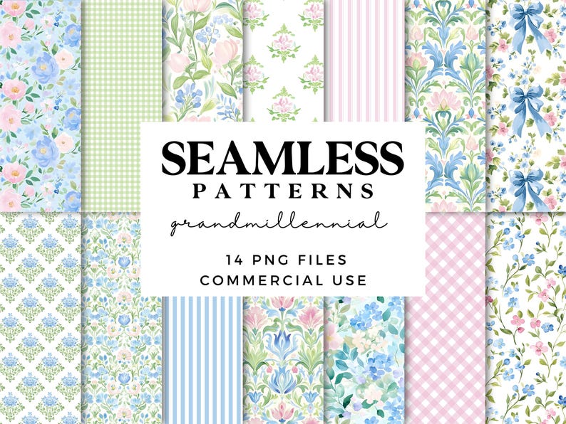 Image shows a set of 14 grand millennial seamless patterns featuring pastel blue, pink, and green floral designs in a vintage chic style. The repeating digital scrapbook papers are displayed together to showcase the variety. Text on the image states ‘Commercial Use.’