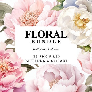 Aquarell Pfingstrose Clipart Bundle - Nahtloses Muster, Kränze & florale Elemente - Hochzeit Clip Art - Pfingstrosen Clipart - Rosa Blumen Clipart