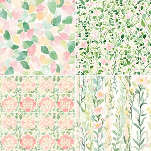 May include: Four different floral patterns in watercolor. The patterns feature pink and green flowers and leaves on a white background.