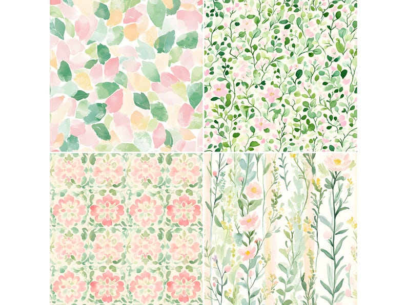 May include: Four different floral patterns in watercolor. The patterns feature pink and green flowers and leaves on a white background.