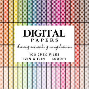 May include: A set of 100 digital papers featuring diagonal gingham patterns in various colors. The papers are 12 inches by 12 inches and 300 DPI.