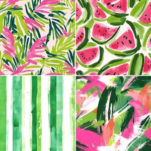 Puede incluir: Un collage digital de cuatro patrones diferentes con sand&iacute;a, hojas tropicales y pinceladas abstractas en tonos de rosa, verde y blanco.