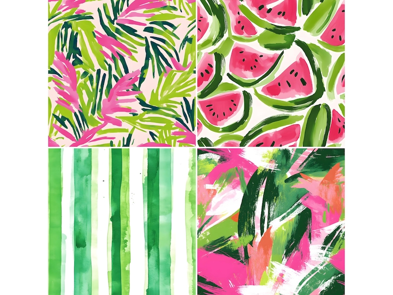 Puede incluir: Un collage digital de cuatro patrones diferentes con sand&iacute;a, hojas tropicales y pinceladas abstractas en tonos de rosa, verde y blanco.