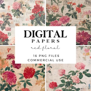 Red Floral Ephemera Digital Paper - Printable Junk Journal Sheets - Distressed Roses Scrapbook Paper Set - Printable Textures for Crafts
