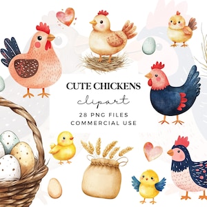 Lindo conjunto de imágenes prediseñadas de pollos: paquete de imágenes prediseñadas de pollitos en acuarela, imágenes prediseñadas de animales de granja, imágenes prediseñadas para guarderías, imágenes prediseñadas de gallinas, imágenes prediseñadas de huevos