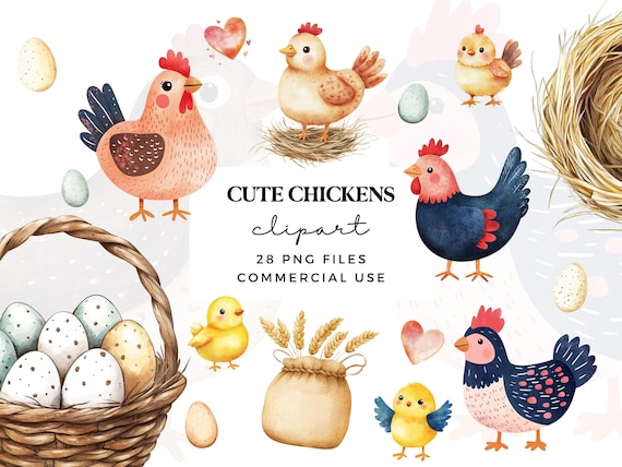 Cute Chicken Clipart Set - Watercolour Chicks Clip Art Bundle - Farm Animals Clipart - Clipart for Nursery Art - Hen Clip Art - Eggs Clipart