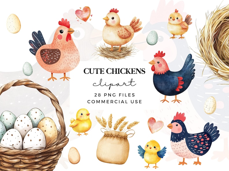 May include: A set of 28 watercolor clipart images featuring cute chickens in various poses. The images include chickens with different colored feathers, hearts, eggs, a basket of eggs, wheat, and a burlap sack. The text "Cute Chickens clipart 28 PNG Files Commercial Use" is included in the image.