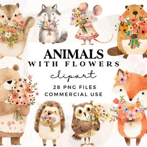 Clipart de animais da floresta em aquarela - Clip Art de Dia dos Namorados - Animais bebês - Chá de bebê boho, pacote de clipart de decoração de berçário