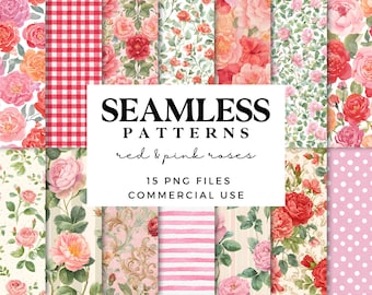 Patrones sin costuras de rosas rosadas: Papel digital para álbum de recortes con motivos florales vintage (descarga PNG)