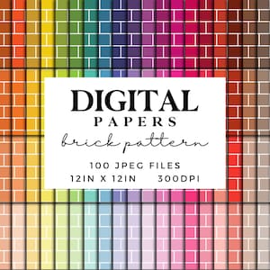 May include: A collection of 100 digital brick pattern papers in various colors. Each paper is 12 inches by 12 inches and 300 DPI.