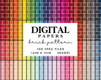 Brick Pattern Scrapbook Paper in 100 Colours - Seamless Pattern Brick Wall Digital Paper - Tile Printable Papers Rainbow Colors JPEG