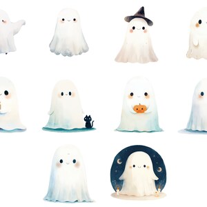 May include: A set of ten cute cartoon ghosts in various poses, including holding a pumpkin, a candle, and a cauldron. The ghosts are all white with black eyes and mouths, and they have a friendly, whimsical look.