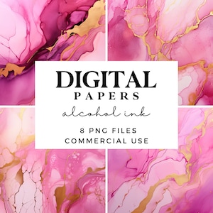 May include: Digital papers featuring 8 abstract alcohol ink designs in pink and gold. The text "DIGITAL PAPERS alcohol ink 8 PNG FILES COMMERCIAL USE" is displayed on the image.