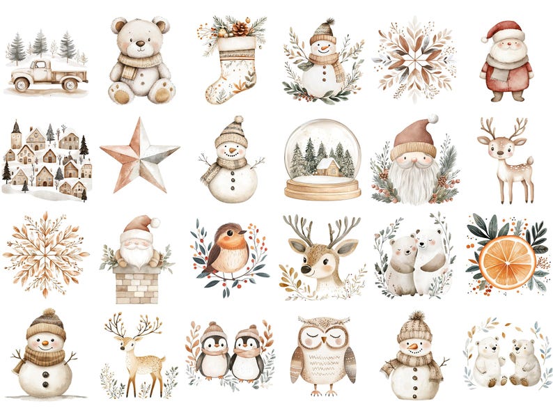 以下が含まれることがあります： 冬とクリスマスをテーマにした水彩画のイラスト16点セット。イラストには、雪だるま、トナカイ、コマドリ、星、靴下、雪玉、家、クマ、サンタクロース、鹿、ペンギン、フクロウ、雪の結晶が含まれています。