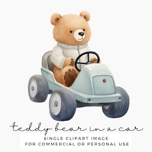 Clipart di orso in macchina - Clip art di simpatico orsetto acquerello - Arte murale per bambini, baby shower - Uso commerciale PNG trasparente