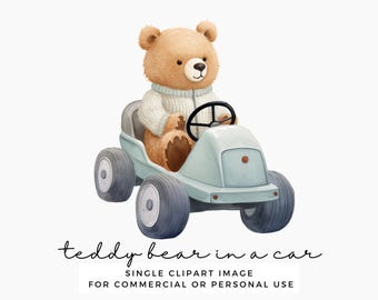 Bear in a Car Clipart - Cute Watercolour Teddy Bear Clip Art - Nursery Wall Art, Baby Showers - Commercial Use Transparent PNG