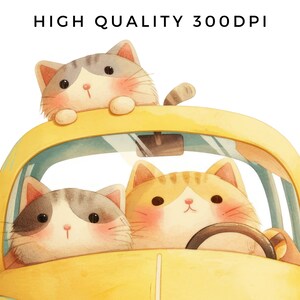 May include: Three adorable cats in a yellow car. The cat in the driver's seat is orange and white, while the two cats in the back are gray and white. The car has a blue windshield and a yellow body.