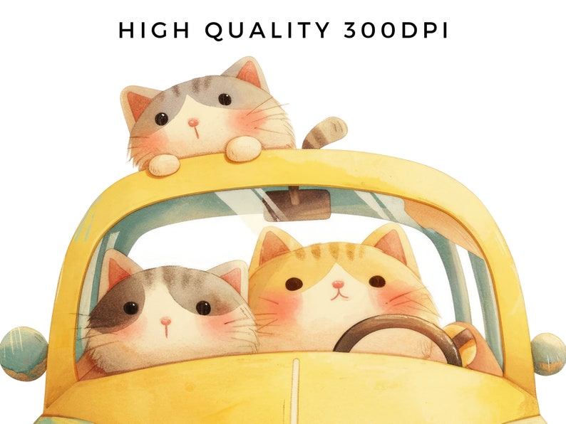 May include: Three adorable cats in a yellow car. The cat in the driver's seat is orange and white, while the two cats in the back are gray and white. The car has a blue windshield and a yellow body.
