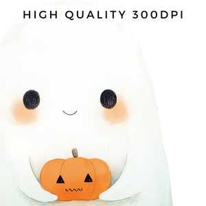 May include: A white ghost with a friendly face holds a small orange pumpkin with a carved jack-o'-lantern face.