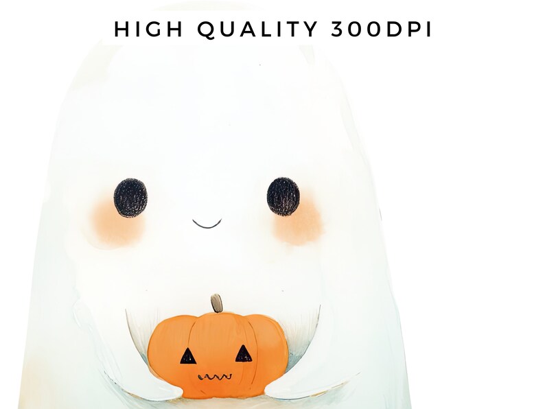 May include: A white ghost with a friendly face holds a small orange pumpkin with a carved jack-o'-lantern face.