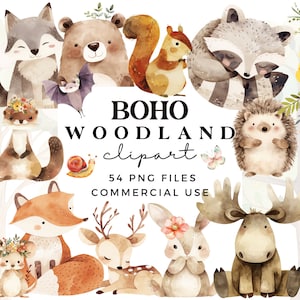Boho Woodland Clipart - Simpatici animali del bosco Clipart - Acquerello Baby Animals - Forest Clipart - Baby Shower Clipart - Nursery Decor