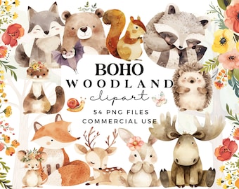 Boho Woodland Clipart -  Cute Woodland Animals Clipart - Watercolour Baby Animals - Forest Clipart - Baby Shower Clipart - Nursery Decor