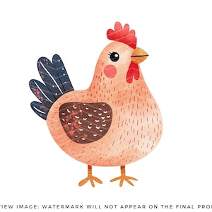 May include: A watercolor illustration of a pink chicken with a red comb and wattle, black and white speckled feathers, and a blue tail.