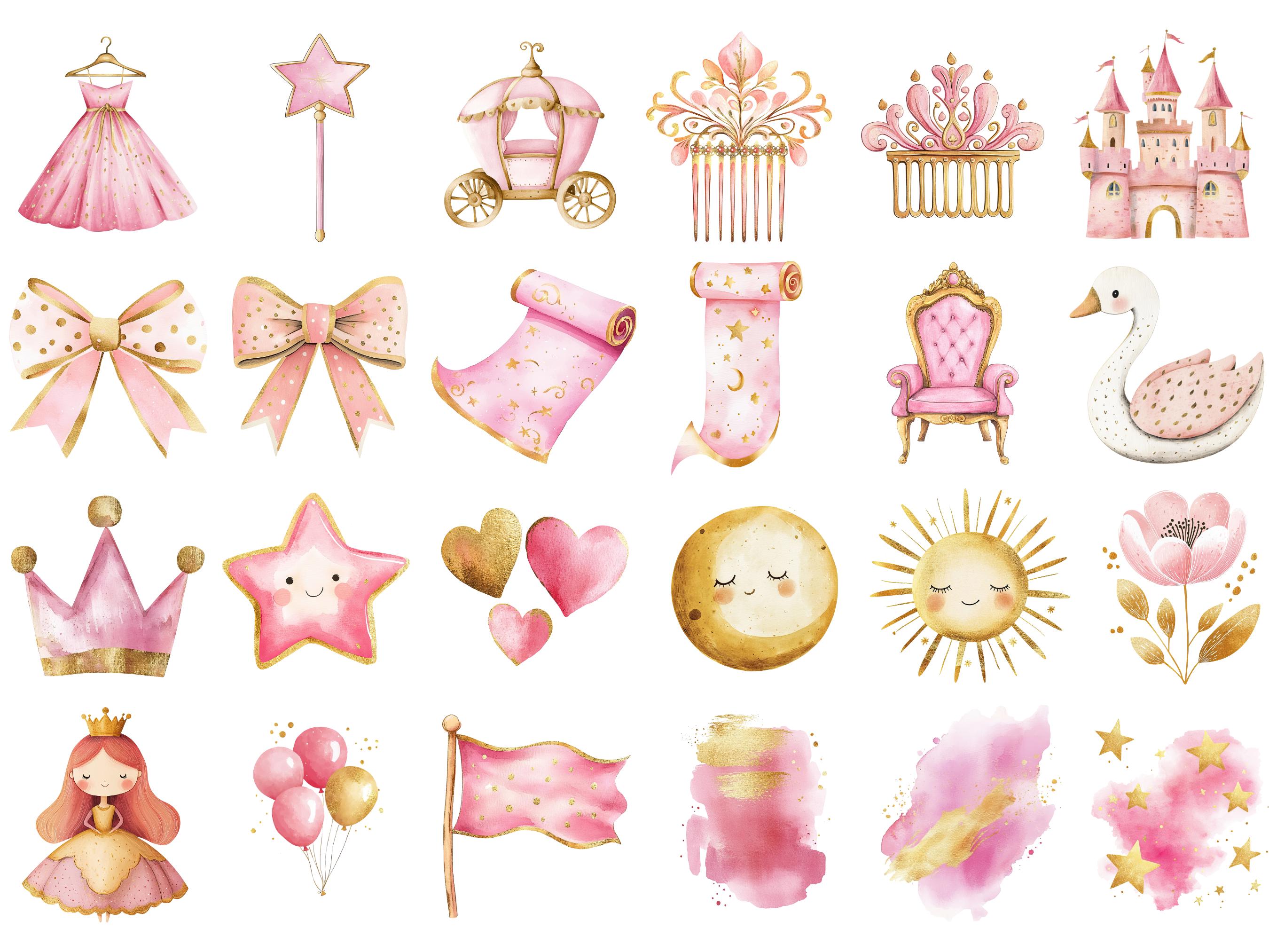 Unicorn Princess Clipart Set: Pink & Gold Watercolour Graphics (digital ...