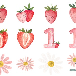 May include: Watercolor illustration of strawberries and daisies with the number 11. The strawberries are red and have green leaves. The daisies are pink and white with yellow centers. The number 11 is pink and has a watercolor effect.