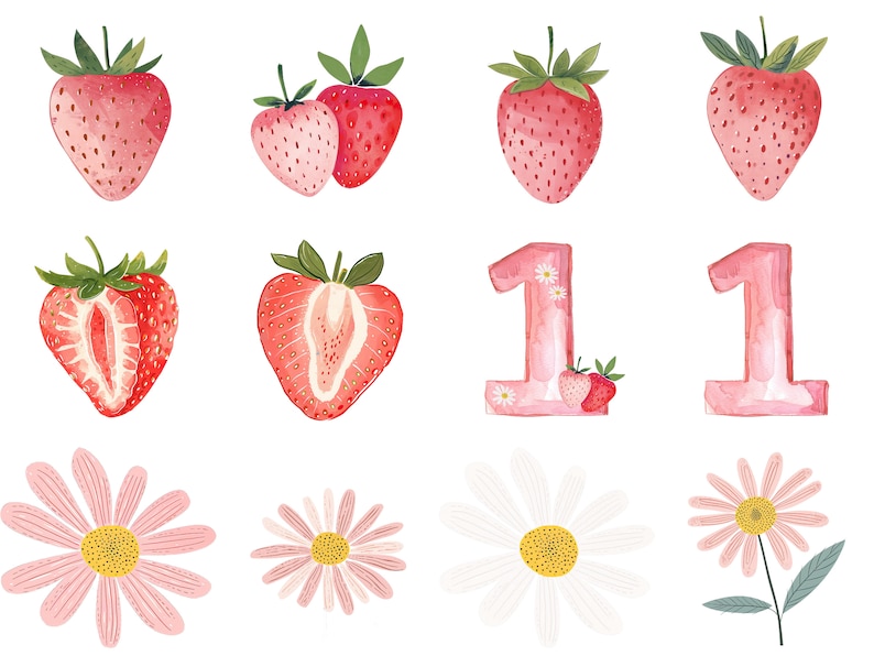 May include: Watercolor illustration of strawberries and daisies with the number 11. The strawberries are red and have green leaves. The daisies are pink and white with yellow centers. The number 11 is pink and has a watercolor effect.
