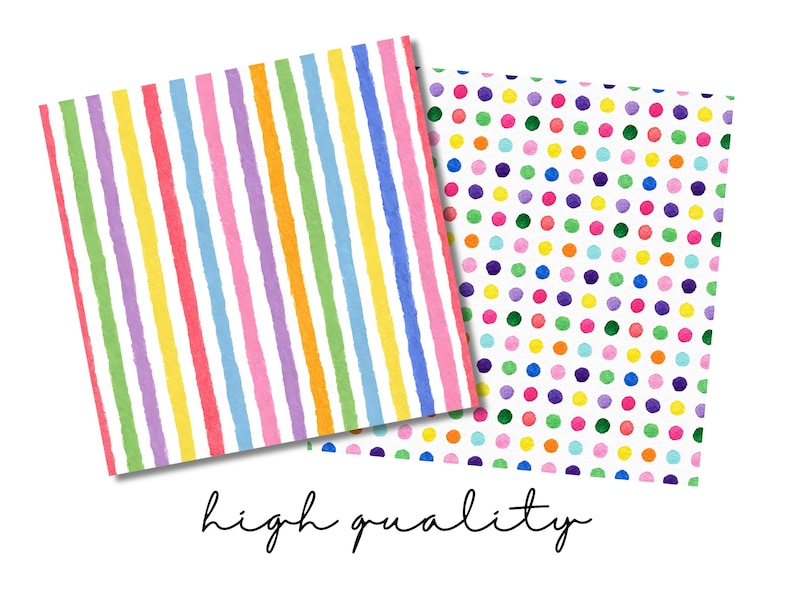 May include: Two sheets of paper with colorful patterns. One features vertical stripes in rainbow colors, the other has a polka dot design with various colors. The words "high quality" are written in cursive.