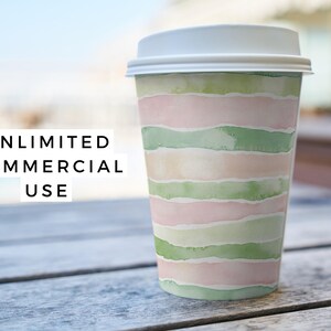 May include: A white to-go coffee cup with a green and pink watercolor stripe pattern. The text "UNLIMITED COMMERCIAL USE" is visible in the image.